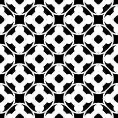 Vector monochrome seamless pattern. Abstract black & white geometric texture, simple floral figures, rounded lattice, repeat tiles. Endless ornamental background, design for decor, prints, furniture