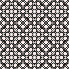Vector monochrome repeat texture, black & white geometric seamless pattern with circles, rounded squares. Simple abstract background, old style fashion. Design for decor, textile, clothes, furniture
