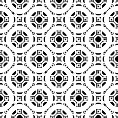 Black and white geometric texture. Stylish design in Arabian style, traditional motif in modern digital  rendition. Vector monochrome seamless pattern. Rounded lattice, floral figures, repeat tiles