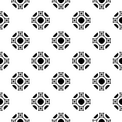 Vector monochrome ornamental square texture, black & white seamless pattern in oriental style. Geometric smooth shapes, rounded figures, repeat tiles. Abstract design for decor, furniture, textile