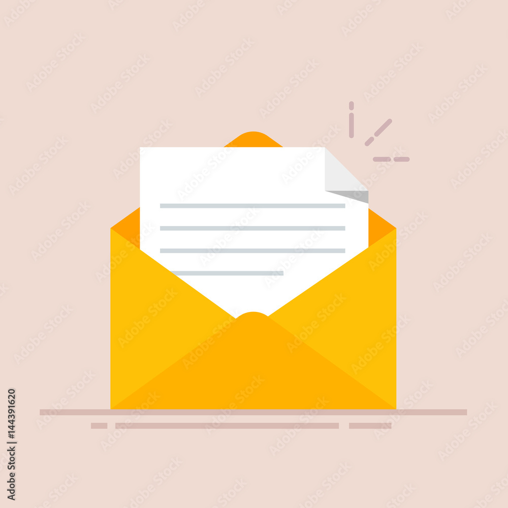 Poster open envelope with a document. new letter. sending correspondence. flat illustration isolated on col