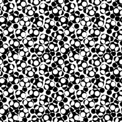 Vector monochrome texture, black & white seamless pattern with chaotic overlay circles, dots, spots. Illusive repeat abstract background. Contrast design element for decor, print, fabric, digital, web