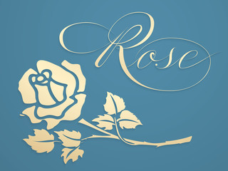 Vector elegant golden rose graphic element with rose lettering. Beautiful handwritten calligraphy. Vintage ink written text with golden gradient. Great for wedding cards, invitations etc