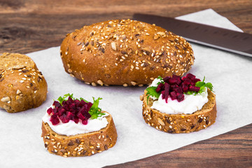 Bruschetta with cheese and beet
