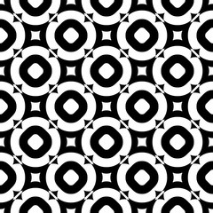 Vector monochrome texture, abstract geometric seamless pattern, old style fashion black & white background with simple geometrical figures, circles, rings, rounded triangles, squares, diagonal grid. 