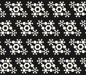 Vector monochrome seamless pattern with hexagons, molecular figures. Abstract black & white geometric texture, repeat tiles. Dark design element for prints, decor, textile, fabric, furniture, clothes