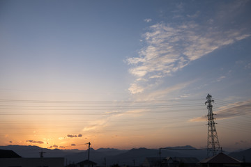 Nature Cloud Sky Cold Blue Orange White landscape Mountain close-up Japan sunset sun Steel tower Cable Building Shade