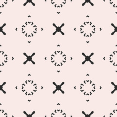 Vector minimalist geometric texture. Seamless pattern with simple minimal figures, crosses, arrows, circles. Black & white original hipster background. Design for prints, decor, furniture, clothes
