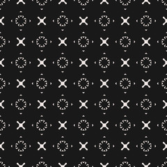 Vector minimalist geometric texture. Seamless pattern with tiny minimal figures, crosses, arrows, circles. Black & white original hipster background. Dark design element, stylish pattern