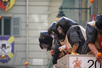 Historical battle of the oranges during Ivrea's carnival. Ivrea, Piemonte, Italy 