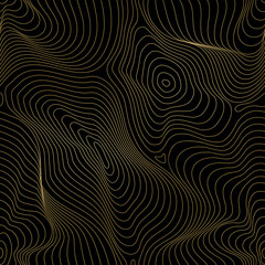 Vector golden texture, gold lines seamless pattern, curved metal background with 3D visual effect. Abstract dynamic surface, illusion of movement, curvature. Stylish dark design for prints, digital