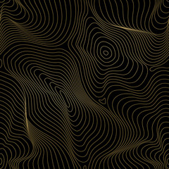 Fototapeta premium Vector golden texture, gold lines seamless pattern, curved metal background with 3D visual effect. Abstract dynamic surface, illusion of movement, curvature. Stylish dark design for prints, digital