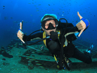 Blonde woman scuba diver