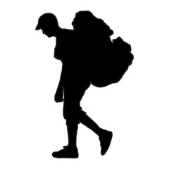 Tourist with backpack vector silhouette illustration isolated on white background. Male passenger walking. Camping boy traveling.