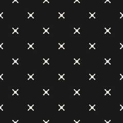 Vector minimalist texture, geometric seamless pattern with small white crosses on black background. Simple abstract texture. Design element for prints, decor, textile, furniture, digital, web, cover