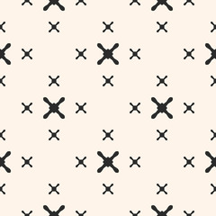 Fototapeta na wymiar Vector minimalist seamless pattern, texture with black different sized crosses on white background. Abstract geometric design. Monochrome element for printing, embossing, decor, textile, digital, web