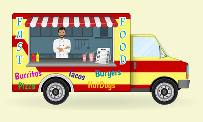 Food truck with a cook inside. Fast-food sailing car. Street nosh menu on wheels concept.