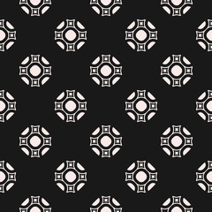 Vector monochrome ornamental square texture, black & white seamless pattern in oriental style. Geometric smooth shapes, rounded figures, repeat tiles. Abstract dark design for decor, fabric, prints