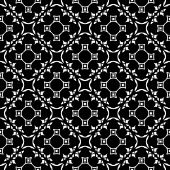 Obraz premium Vector monochrome ornament, subtle seamless pattern in oriental style. Illustration with floral shapes, delicate mesh. Abstract black & white background texture. Dark tileable design for prints, decor