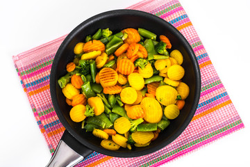 Vegetables in frying pan, top view