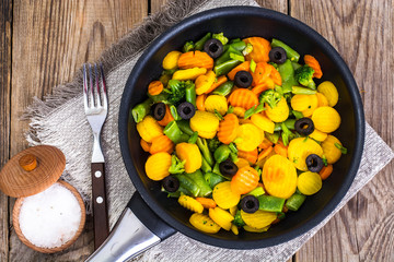 Vegetables in frying pan, top view