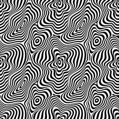 Vector monochrome seamless pattern, curved lines, smooth stripes, black & white background. Abstract dynamical crumpled texture, 3D visual effect, illusion of movement. Pop art design, repeat tiles