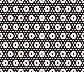 Vector monochrome texture, geometric seamless pattern with different sized hexagons, perforated shapes, honeycombs, hexagonal grid. Stylish abstract background. Design for home decor, textile, fabric