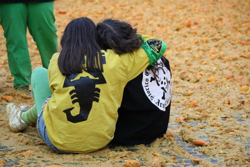 Historical battle of the oranges during Ivrea's carnival. Friend.  Ivrea, Piemonte, Italy