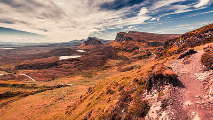 Fototapeta na wymiar Stunning view from Quiraing to valley in Scotland, UK