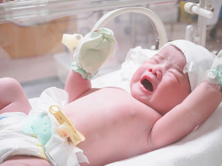 Obraz na płótnie Canvas new born baby infant sleep in the incubator at hospital