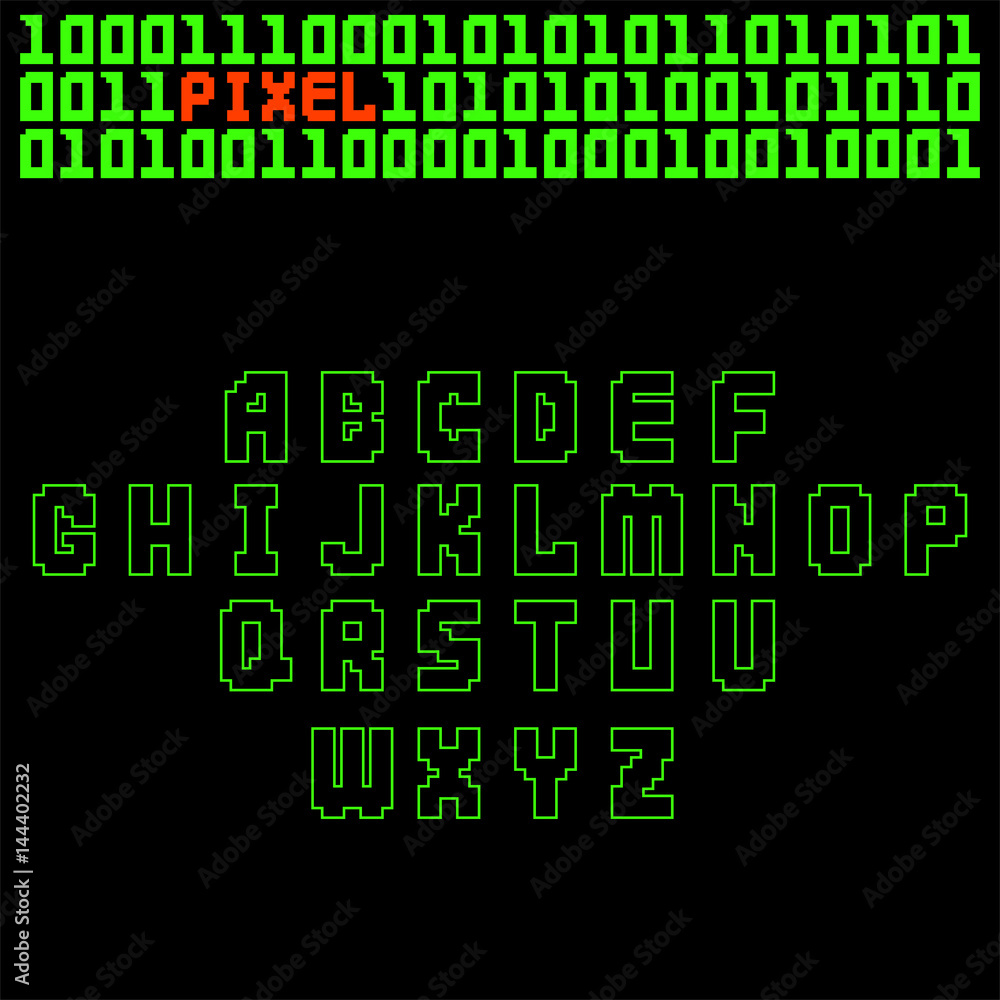 Poster pixel retro font video computer game design 8 bit letters electronic futuristic style vector abc typ