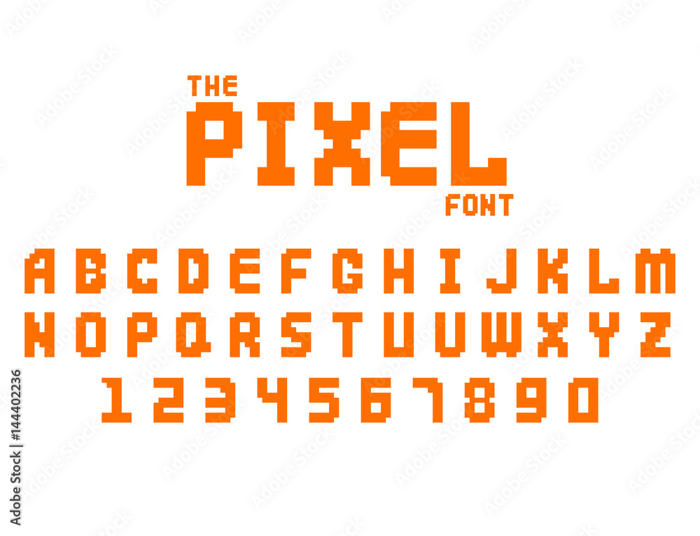 Fototapete pixel retro font video computer game design 8 bit letters numbers electronic futuristic style vector