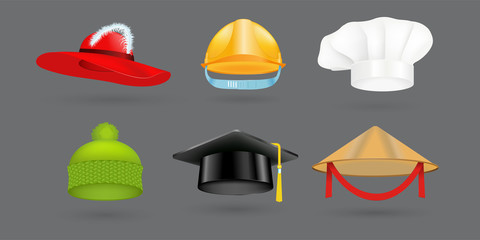 Different kind of fashion hat modern elegance cap and textile accessories clothes vector illustration