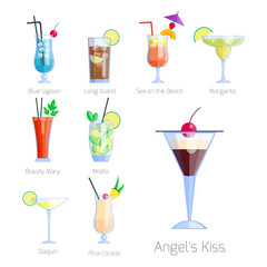 Set of alcoholic cocktails isolated fruit cold drinks tropical cosmopolitan freshness collection and party alcohol sweet tequila vector illustration.
