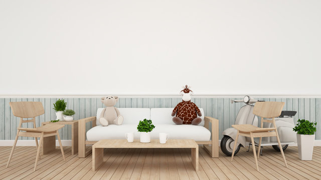giraffe doll with bear doll and vintage motorcycle in living room - 3D Rendering