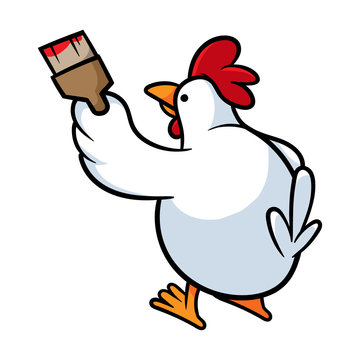 Cartoon Painting Chicken With Paintbrush Vector Illustration