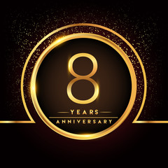 eight years birthday celebration logotype. 8th anniversary logo with confetti and golden ring isolated on black background, vector design for greeting card and invitation card.