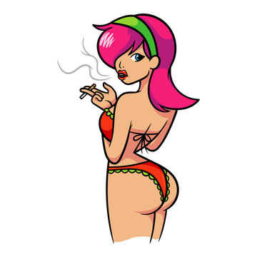 Cartoon Woman Smoking in Bikini Vector Illustration