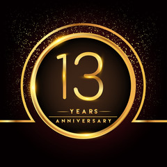 thirteen years birthday celebration logotype. 13th anniversary logo with confetti and golden ring isolated on black background, vector design for greeting card and invitation card.