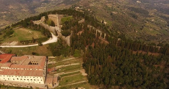 Aerial shot, basilica di Santa Margherita and Medici fortress of Girifalco at Cortona in Tuscany, Italy, 4K