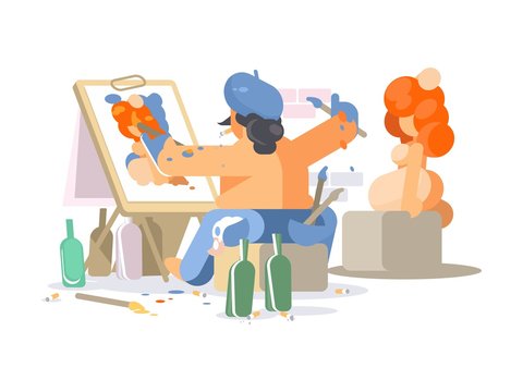Painter draws naked girl