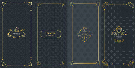 Collection of design elements, labels,icon and frames for packaging and design of luxury products.Made with golden foil Isolated on black background. vector illustration
