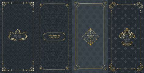 Naklejka premium Collection of design elements, labels,icon and frames for packaging and design of luxury products.Made with golden foil Isolated on black background. vector illustration