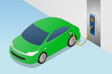 modern vehicle charging power from wallbox charging station.