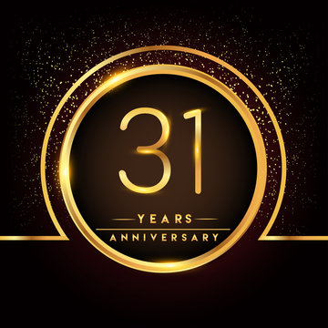 thirty one years birthday celebration logotype. 31st anniversary logo with confetti and golden ring isolated on black background, vector design for greeting card and invitation card.