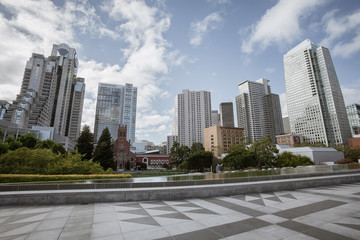 Plakat panoramic view of big modern city during summer morning