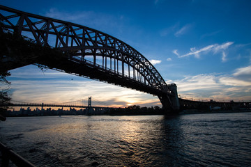 Fototapeta na wymiar Silhouette of Hell Gate Bridge and Triborough bridge over the river, New York