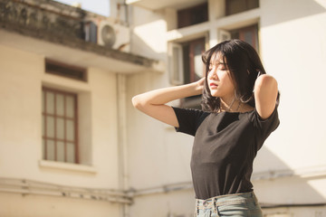 Portrait of vietnam high school teen beautiful girl happy in vintage style