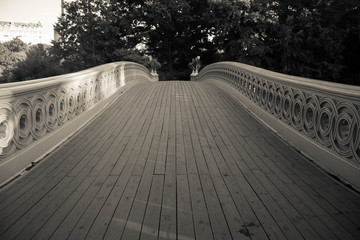 Walkway of Bow bridge and trees at Central Park, New York
