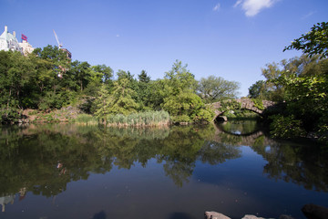 Obraz premium Trees and Gapstow bridge over the reflective lake with blue sky at Central Park